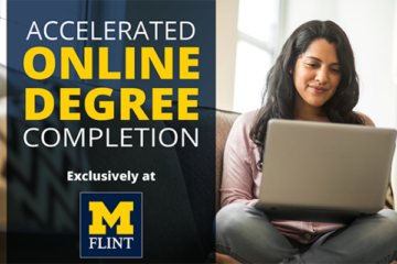 Text: Accelerated Online Degree Completion with a woman working on a laptop on a couch