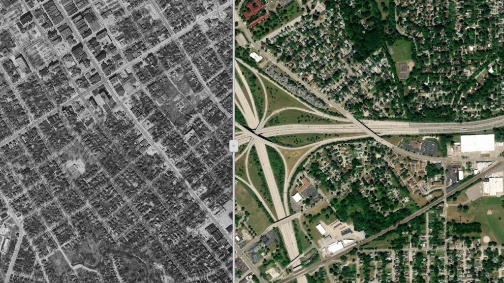 Image shows an aerial photo of Flint's southside neighborhood. Down the center is a dividing line.  To the left, the image is filled with homes. On the right, some portions are still dense with homes, but I-69 and I-475 displaced a lot of homes when the Cloverleaf connecting them landed right in the neighborhood. The juxtaposition is visually striking.