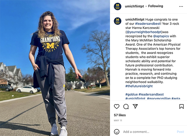 A screenshot of an instagram post featuring Hanna and her Mary McMilan award