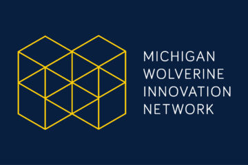 MWIN Logo to left, a variation of the block M, but made up of box silhouettes. Michigan Wolverine Innovation Network words to right.