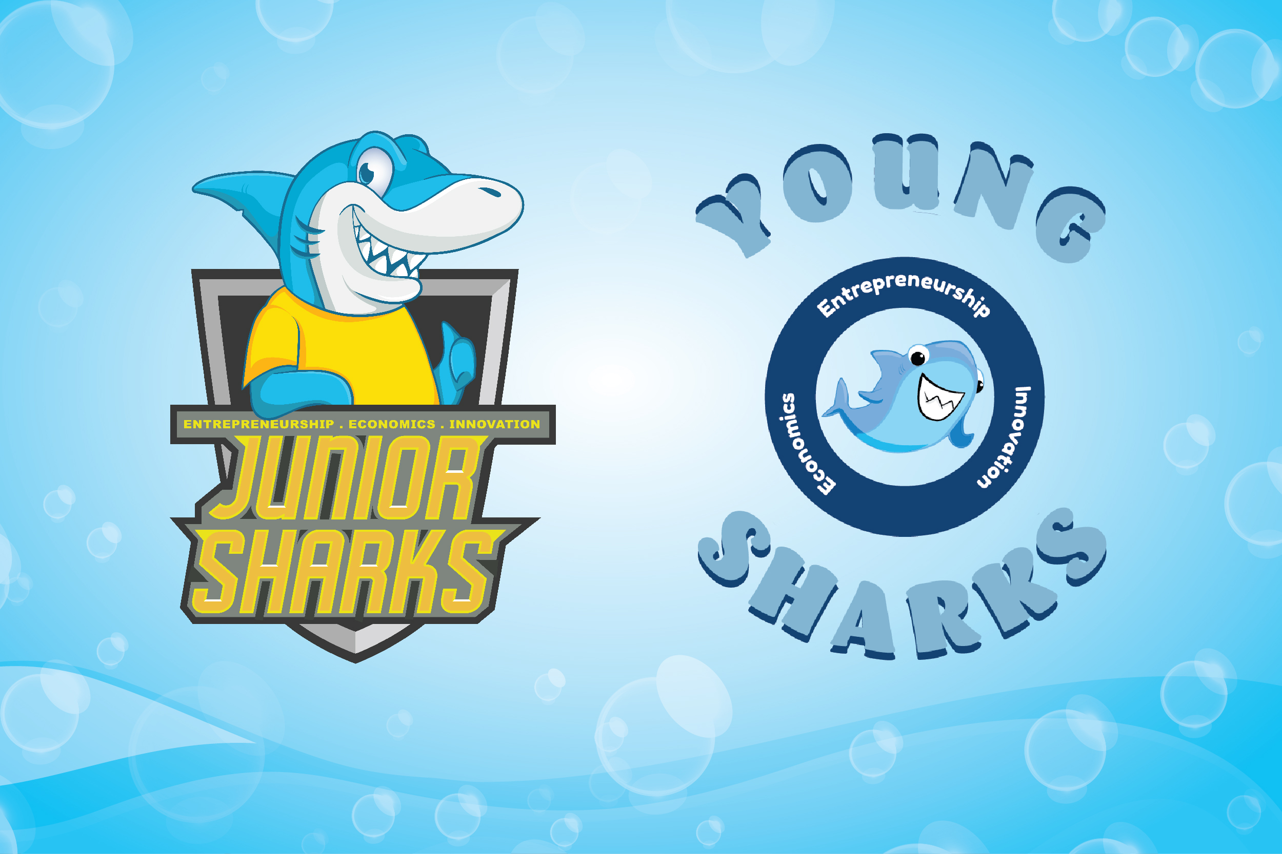 Two logos side by side on a light-blue water background. Junior Sharks to the left, Entrepreneurship. Economics, Innovation, Shark gives thumbs up. On Right, Young Sharks around a circle with Entrepreneurship, innovation, economics. Inside is a small smiling shark.