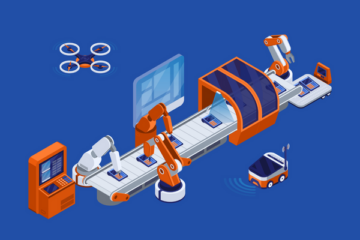 An illustrated graphic of robots working on an assembly line