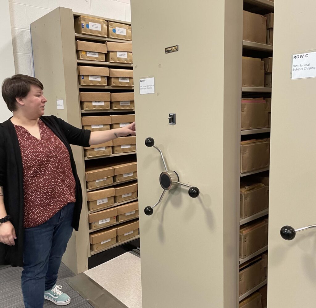 The spinning shelves housed in the Sloan Museum archives add another layer of protection, plus an interesting way to sort through the collection itself.