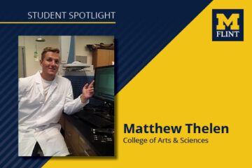 Matthew Thelen in the lab wearing a labcoat with a Student spotlight graphic indicating he studies in the College of Arts & Sciences