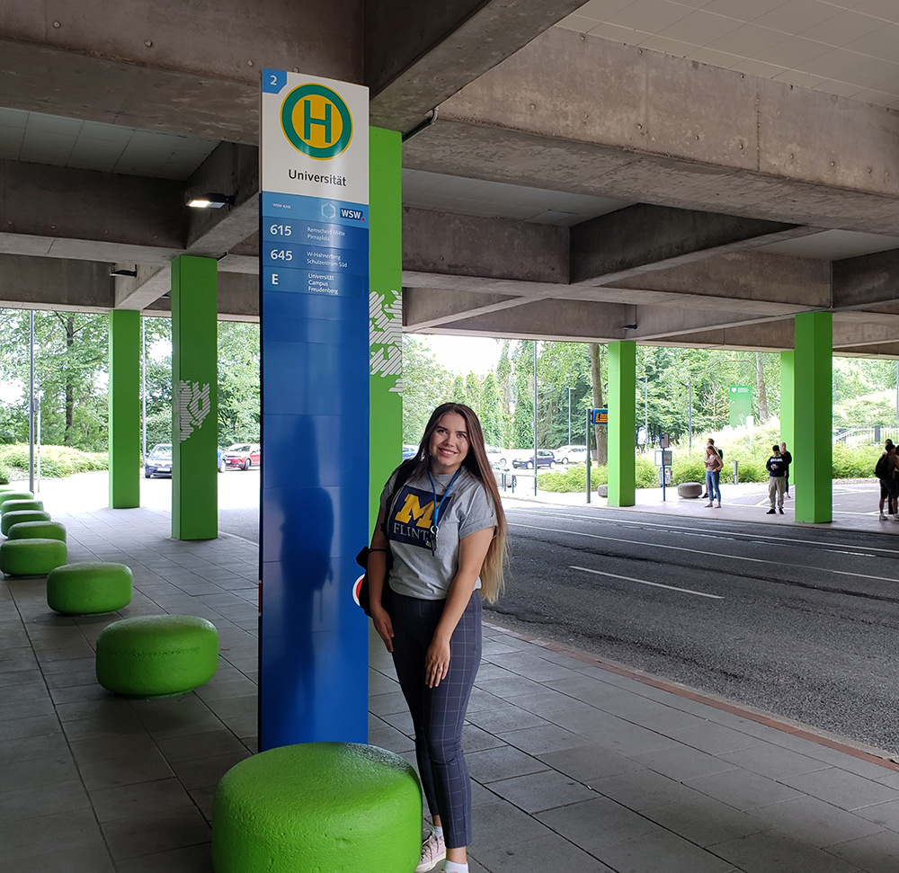 Yuliia Lane standing by a bus stop in Wuppertal Germany. 