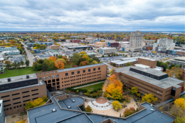 an aerial shot of campus with fall colors