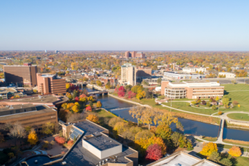 an aerial shot of campus with fall colors