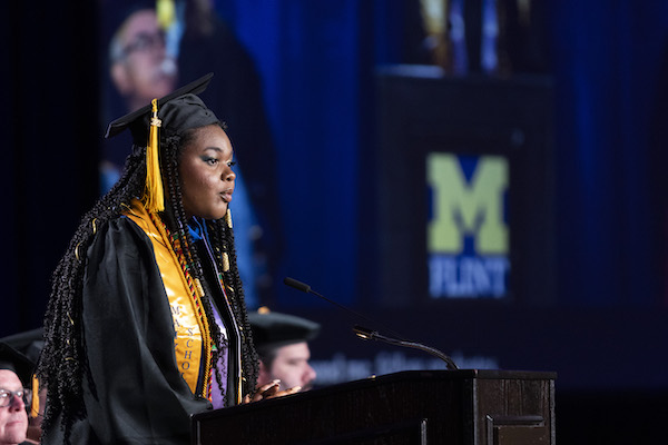 Jazlynne Cathey '22 speaks at December 2022 UM-Flint Commencement.