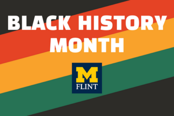 Black History Month w]with Pan African flag background and UM-Flint logo