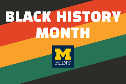 Black History Month w]with Pan African flag background and UM-Flint logo