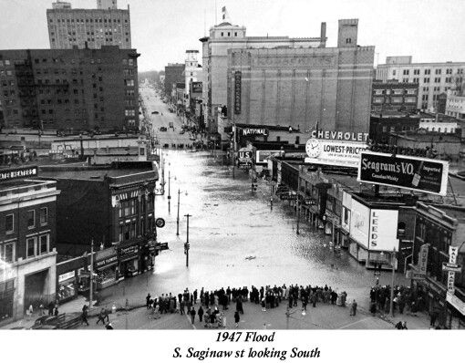 An aerial view of Saginaw St. flooded. 