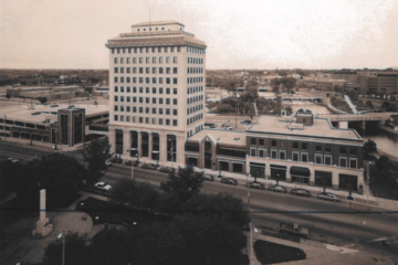 A black and white photo of the Northbank center