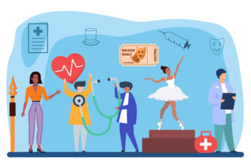 A digital illustration of theatre performers and health care providers