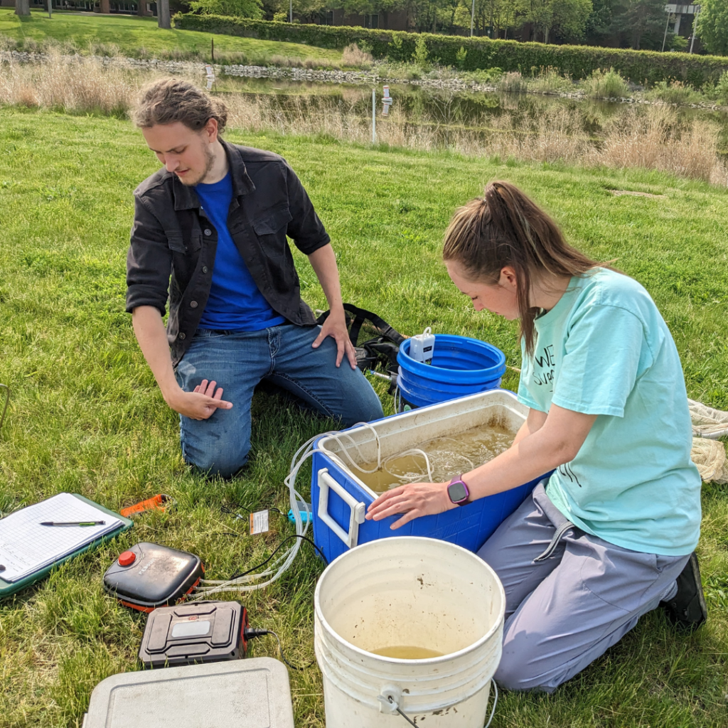 Students with equipment to keep fish alive and measure fish