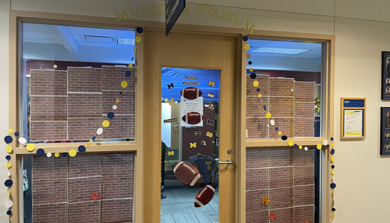 An exterior of an office decorated to be Michigan themed