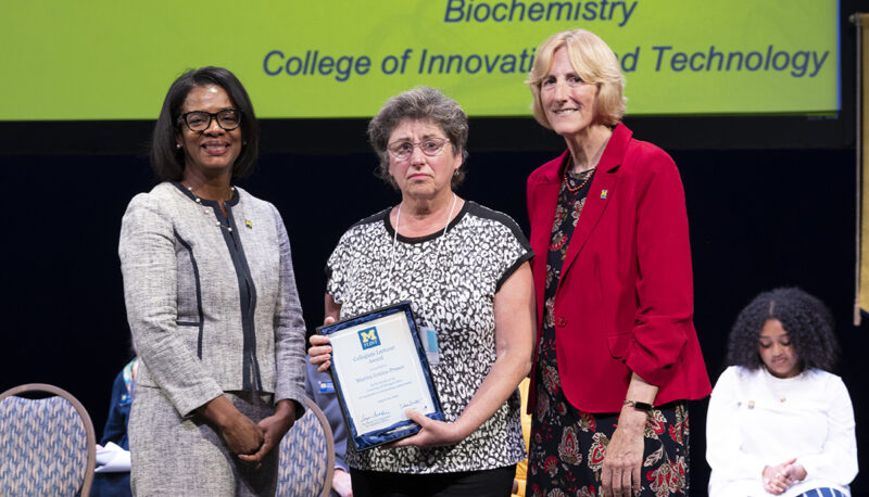 Provost Sonja Feist Price, Interim Chancellor Donna Fry, and Marina Ionina-Prasov