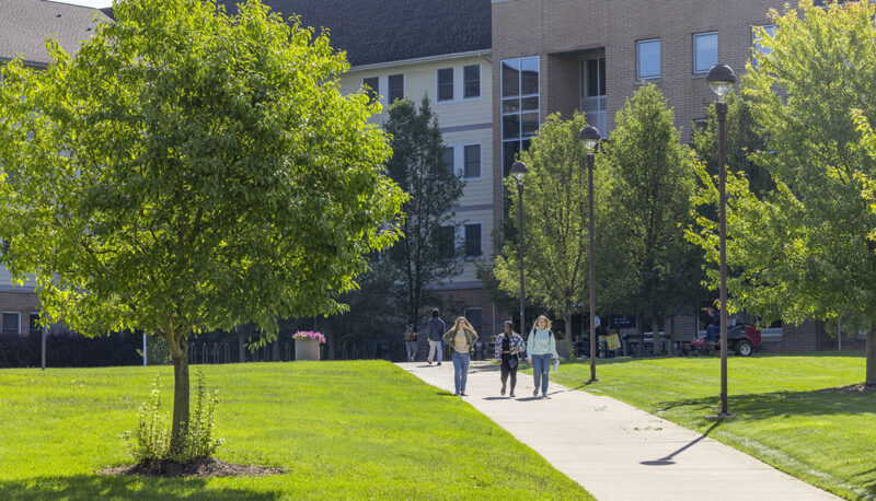 An exterior view of campus and First Street Residence Hall