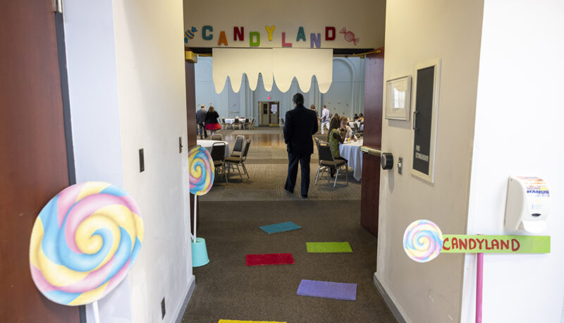 An interior photo of the Northbank Center with decorations of the Candyland homecoming theme