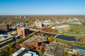 An aerial view of the UM-Flint campus in the fall