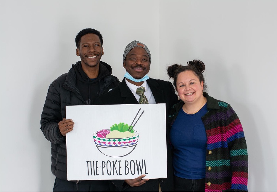 Dotson, Associate Director of Student Career Advancement and Success Antonio Riggs, and Administrative Assistant Anna Swartz at SOM's Poké Bowl visit in 2022. 