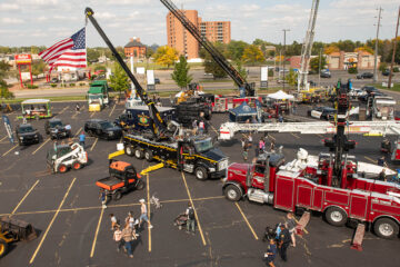 Elevated View of a parking lot filled with emergency vehicles and trucks