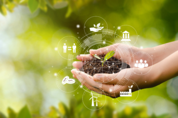 Two hands hold dirt with a sprouting plant in them. There is blurred green foliage in the background, and some digital icons in a circle around the hands, one similar to the hands in the image, one resembling a building with pillars, one resembling business people, another with an image of a factory with leaves sprouting from the smokestack rather than smoke, another with wind turbines, another with $ coins, and another with two people and arrows between them pointing both directions.