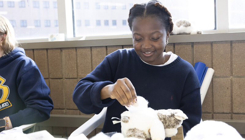 A student stuffing a plush animal