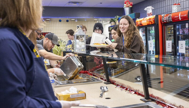 Students in line getting food