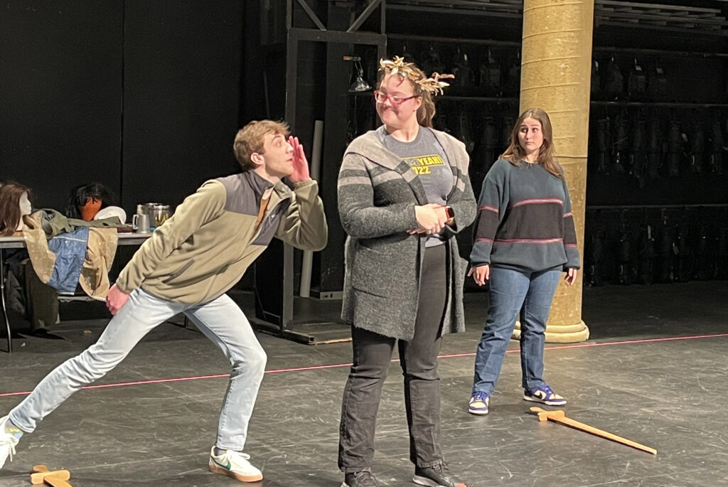 From left to right, Logan Reeves, a sophomore pre-nursing major from Fenton; Jillian Tate, a first-year theatre major from Davison; and Ava Ward, a junior theatre major from Grand Blanc, rehearse for the upcoming production. 