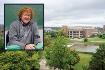 Matt Wyneken overlayed with a photo of campus