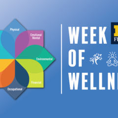 The University of Michigan's Eight Dimensions of Well-being and "Week of Wellness" on a blue background.