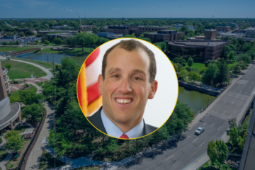 An aerial view of campus with a photo of Richard Bernstein overlayed