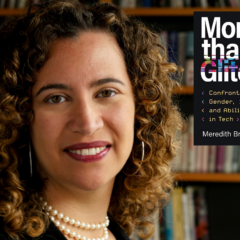 Photo of Meredith Broussard with the cover of her book, "More than a Glitch."