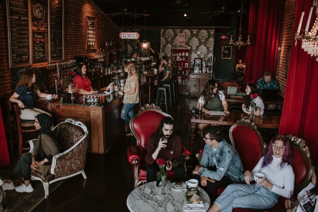 A view of Cafe Rhema, a busy coffee shop. 