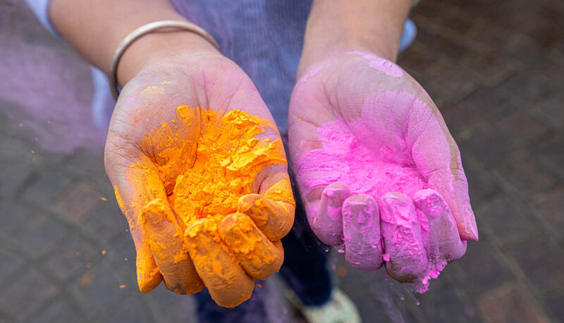 UM-Flint Holi celebration. During this celebration, students cover each other in colored paints as part of a traditional spring celebration.