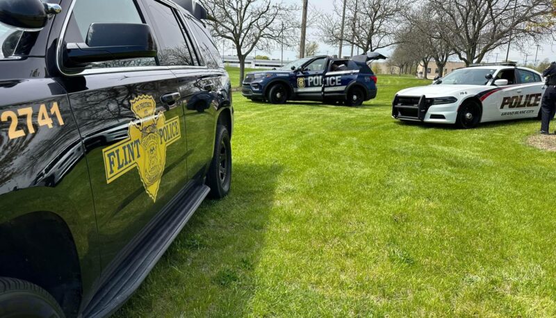 Police vehicles parked on the lawn