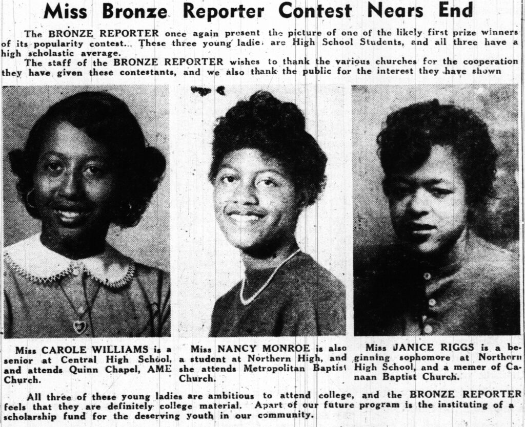 A screenshot of The Bronze Reporter with the headline "Miss Bronze Reporter Contest Nears End." There are then three photos of African American female high school students. 