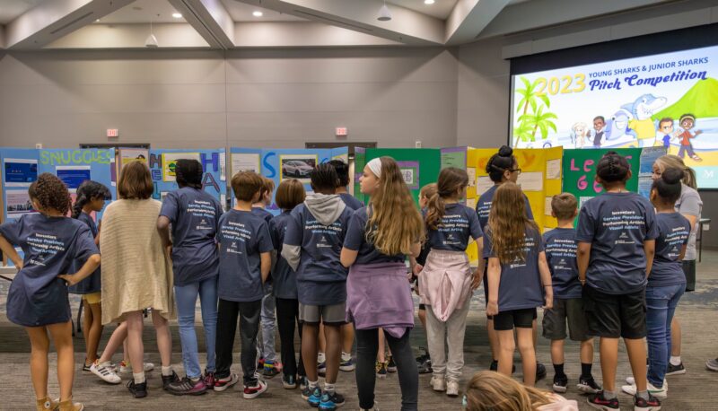 A group of kids looking at pitch idea posters