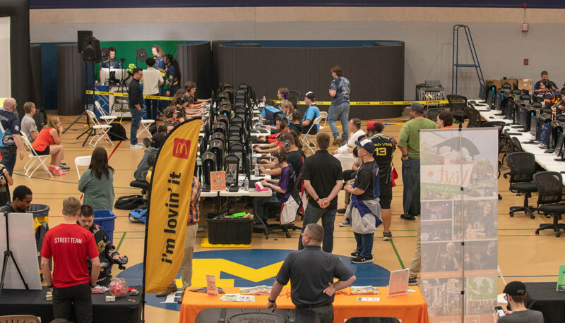 A wide shot of the Esports finals arena in the UM-Flint Recreation Center