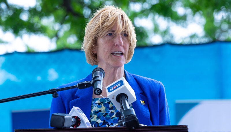 Donna Fry, interim chancellor, speaking at the podium