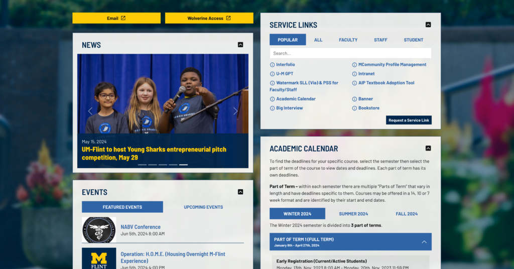 A screenshot of My UM-Flint showing a news feed, events feed, service links and the academic calendar. 