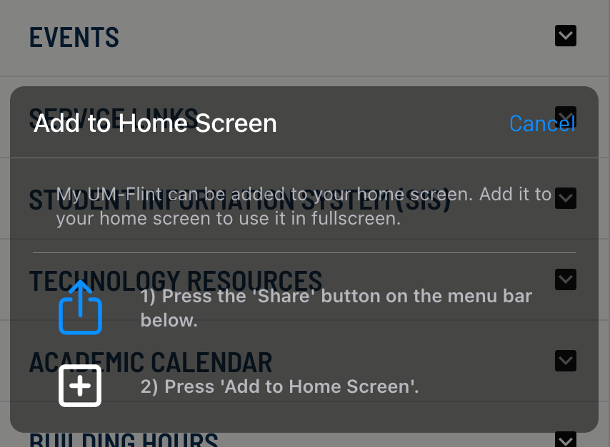 A screenshot of My UM-Flint being accessed on a mobile device with a popup asking to add to the home screen. 