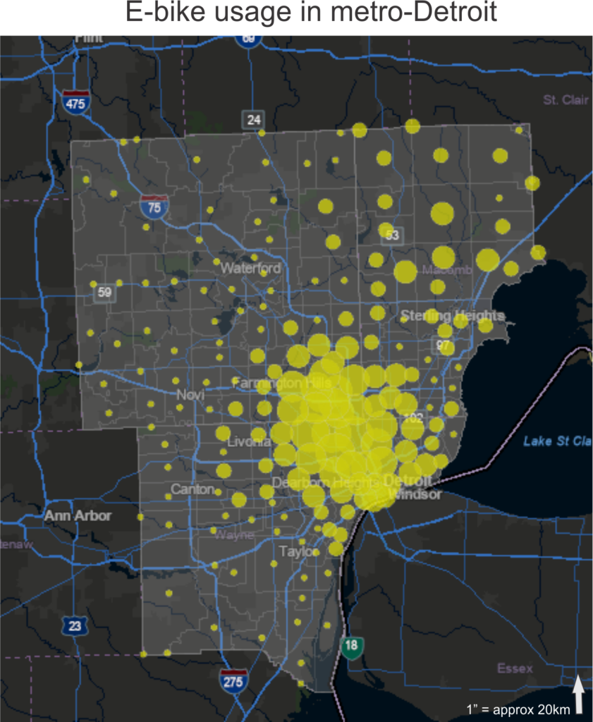 A map of the Detroit area with yellow dots visualizing E-bike usage. The density is strongest in the downtown detroit area. 