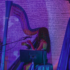 Woman playing a harp in and art gallery with blue and purple lighting