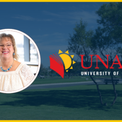 A photo of the University of Namibia campus with a photo of Susan Gano-Phillips and the University of Namibia logo overlayed.