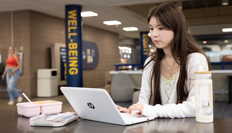 A student working on a laptop in the 3rd floor UCEN.