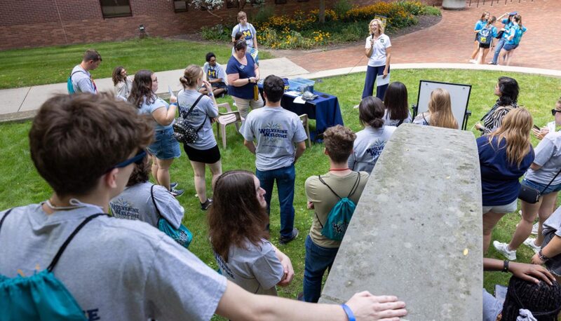 Students standing around outside the library.