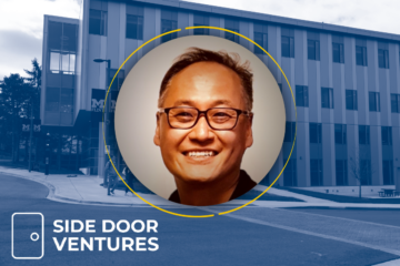 A design showing the outside of the Murchie Science Building with a portrait of Ed Kim overlayed and the Side Door Ventures logo