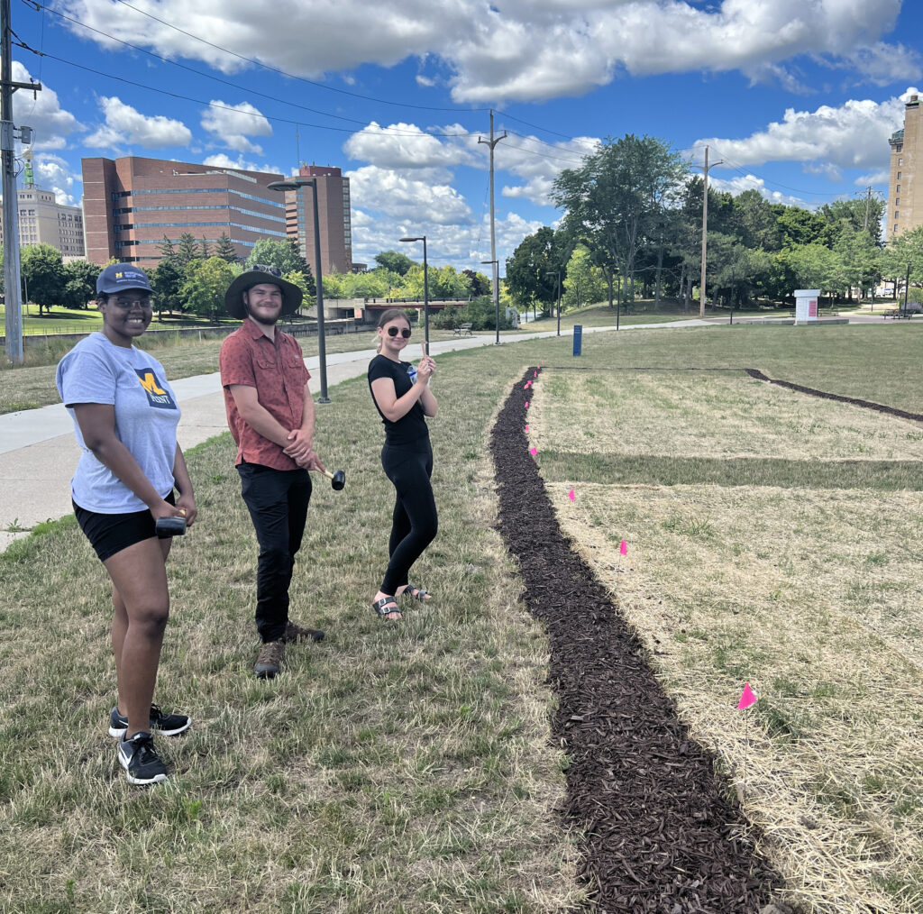 Jazlynne Cathey, UM-Flint sustainability coordinator (left), and biology master's students Trent Adams from Mount Morris (middle) and Rose Menzies of Linden (right), celebrate measuring and flagging the experimental lawn alternative plots on the UM-Flint campus. 