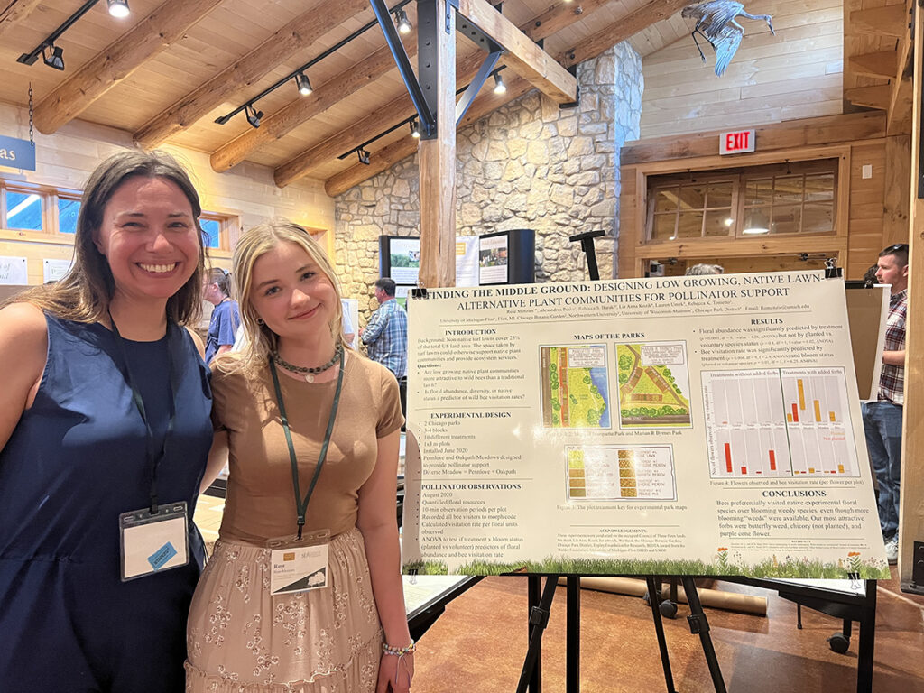 Tonietto (left) and Menzies at the Society for Ecological Restoration Great Lakes Chapter Annual Meeting in 2023. Menzies presented a poster summarizing the first year of pollinator observations at the lawn alternative experimental plantings. 